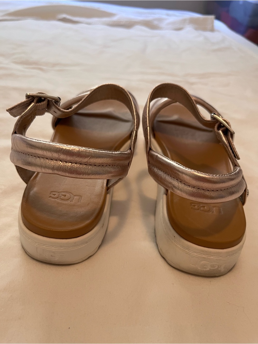 UGG Zayne Metallic Rose Gold Leather Ankle Strap Platform Sandals 7.5 - Picture 6 of 9